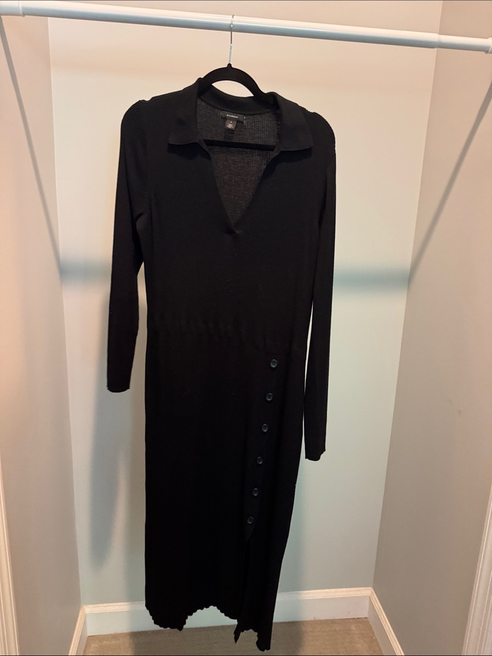 Black Long Sleeve Knit Dress with Side Buttons